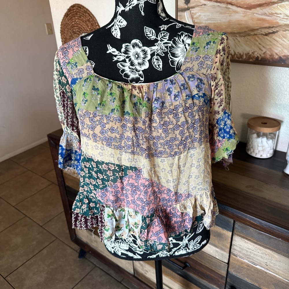Anthropologie Patchwork Floral Peasant Top - Multicolor Patch